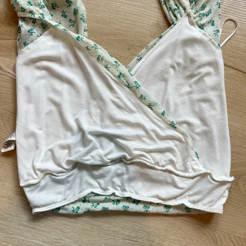 Free People Fia Wrap Top Women Boho Small White Green Floral Mesh Cottagecore